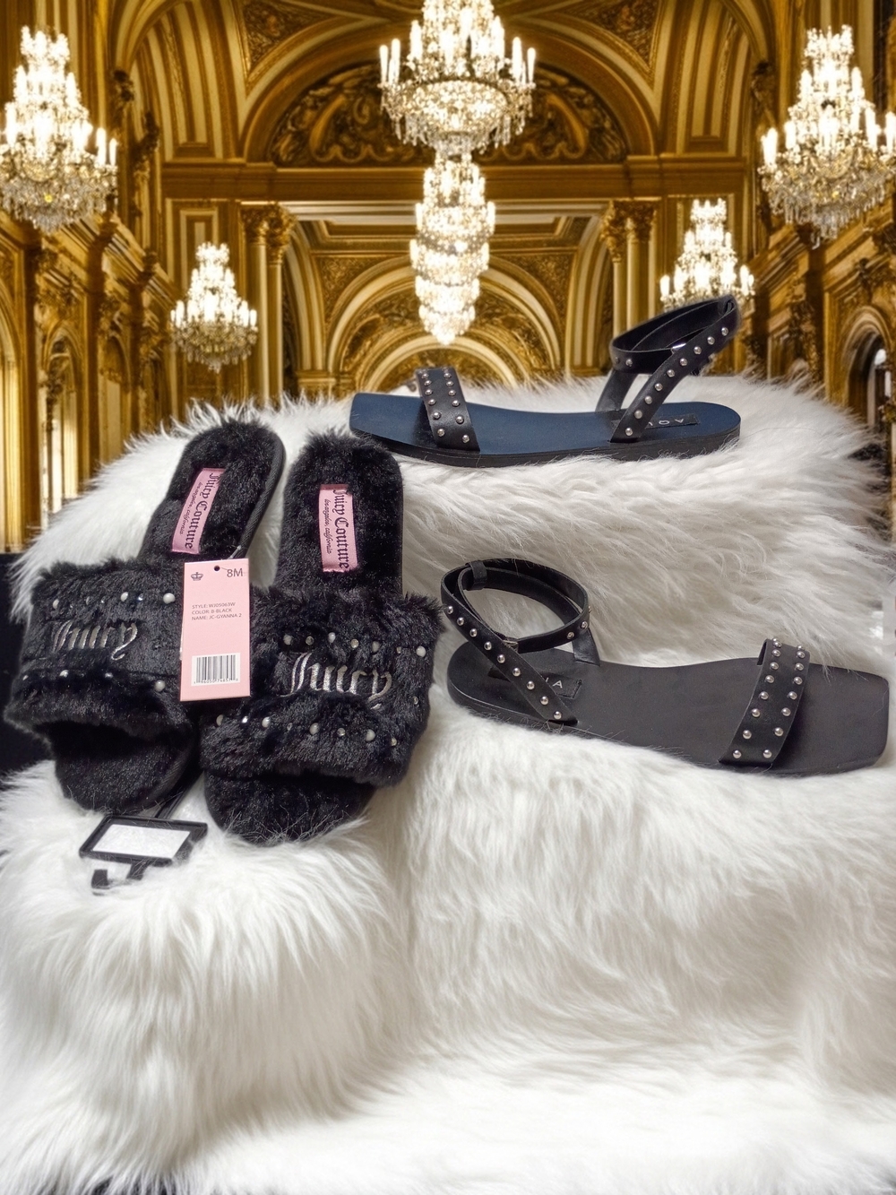 Aqua Sophy Black Studded Black Sandals+ Juicy Couture Fur Slide Slippers Bundle